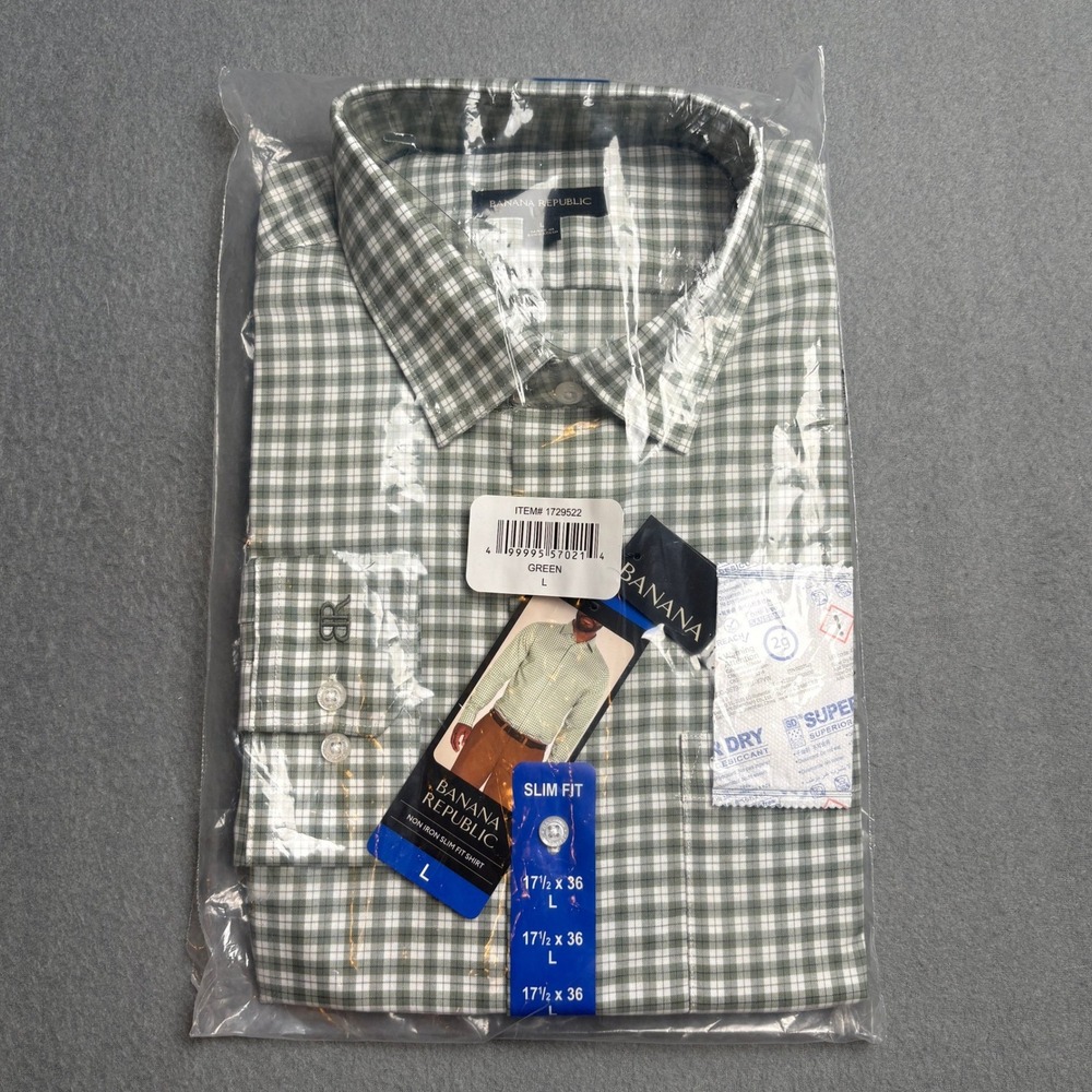Banana Republic Mens Non Iron Slim Fit Dress Shirt Green Gingham 17.5 x 36 L